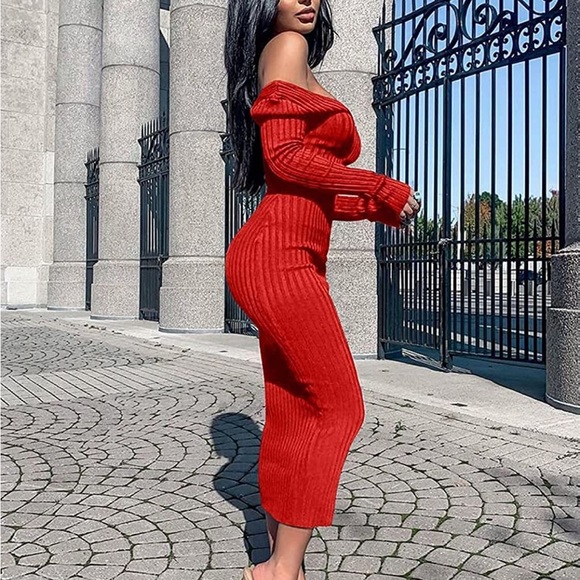 - 💕 RED Women's Sexy Long Sleeve Off Shoulder Knit Bodycon Long Dress *NEW - Picture 2 of 6